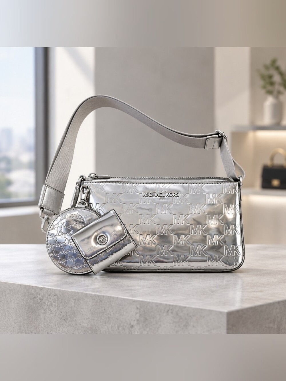 Michael Kors Metallic Silver MK Logo Crossbody Bag